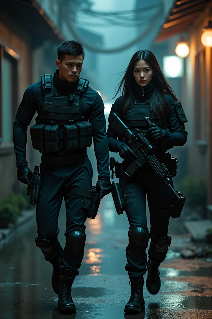 (best quality), oriental detailed background, science fiction,mechanical arms,girl with man , war, monster army, techwear,, military uniform