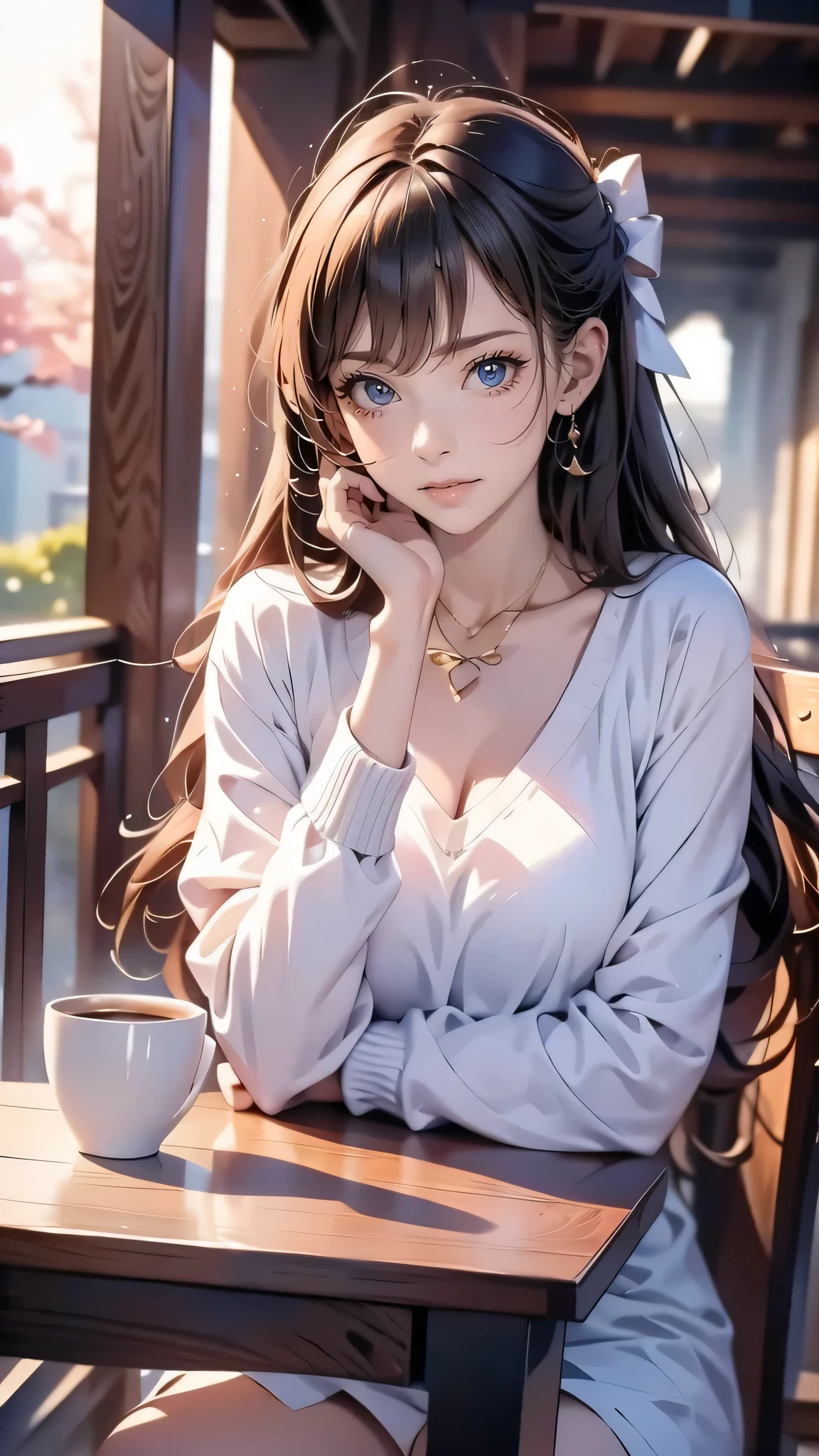 masutepiece, Best Quality, 1girl in, Solo, Long hair, put on glasses，window, Sitting, Indoors, The table, sleeves past wrists, cafes, coffee cup，Hair Bow, head rest, Closed mouth, Blue sweater, Upper body