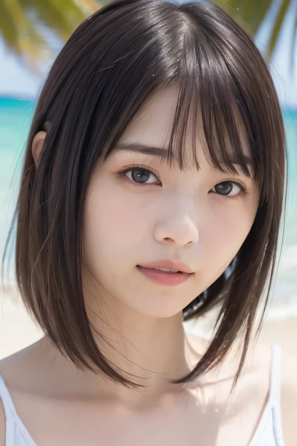 masterpiece、 for a woman with bristles, ultra high resolution、8k,photograph、 1 girl, ( big breasts:1.0), bright , Blurry Background , ( asymmetrical bangs、 EXTRA LONG WAVY HAIR :1.5), (Floating Hair:1.0)、(micro bikini, lemon yellow)、 rainbow heterochromia 、Round face、Young Face、 natural makeup、 Gentle Smile 、Summer Sea、Summer sky、 beach 、Outdoor、She is sitting on a beach chair、She uses a computer to work