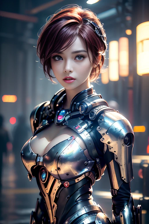 NSFW(((masterpiece))), (((Best Quality))), ((Ultra-detailed)), (extremely detailed photo), ((extremely delicate and beautiful)),(Cute delicate face), an image of cyberpunk, steampunk, sci-fi, cyberpunk fan art, cyberpunk hd wallpaper, cyberpunk art, cyberpunk pics, cyberpunk images, (tall girl), ((A 25 years old cool Half America and half German girl)),solo,short hair,looking at viewer, mecha musume, armor ,(beautiful face and eye), double eyelid,delicate skin,slender body shape,big breast