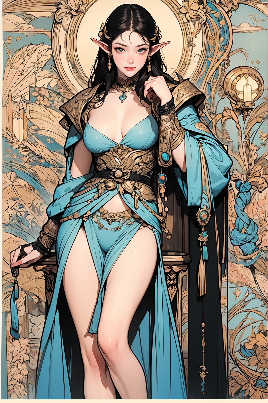 A full body portrait handdrawn sketch of an redanian noble woman, in see thru undergarments, nipple slip