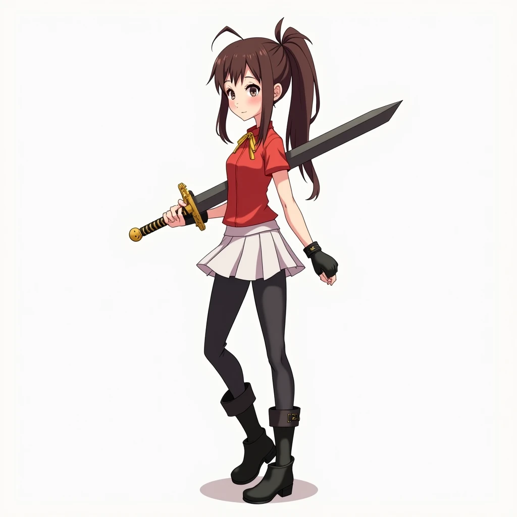  A brown-haired girl  ( not very brown )   with her hair in pigtails 1 wearing a red shirt and a short white skirt with black pants. black boots.  Her eyes are silver without earrings ,  carrying a sword one with a smiley face .  His body was 165 cm tall , thin and agile .  Wearing no jewelry ,  wearing a glove in his right hand and a fingerless glove in his left hand. Age s .  masterpiece, Accurate, long hair, ponytail, smile, SPARKLE,  Foreshortening, 3d rendering, from side, 