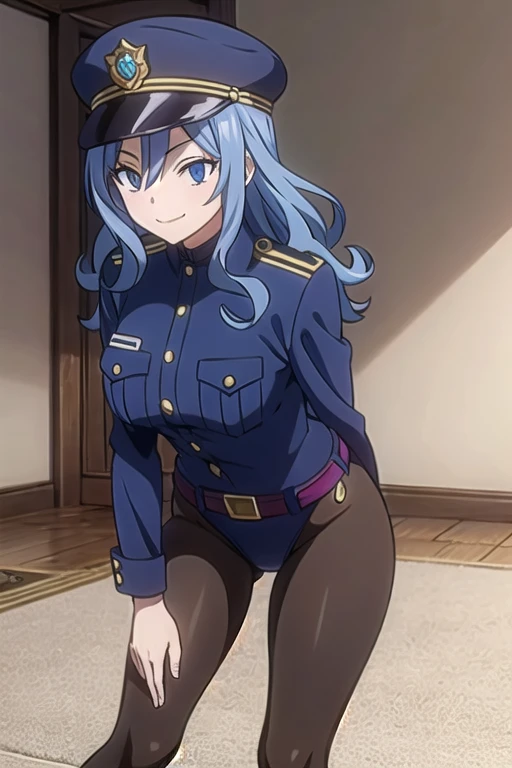 Juvia Lockser, blue eyes, blue hair, long curly hair, mature female, BCop, belt, policewoman, black tights, leotard, tight leotard, police hat, peaked cap, calm smile