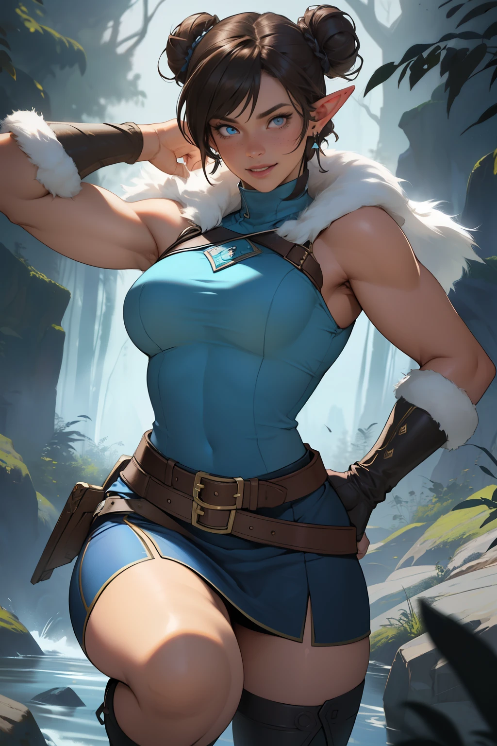 Korra da avatar,(best quality, 4K,8k,high resolution,work of art:1.2)(weather: showing), tundra background, artic village, wide hips, long curly hair, brown hair, freckles, sleeveless crop top, fur belt, bodycon winter skirt, leggings, winter boots, elbow long gloves, light makeup, dark eyeliner, blush, flirting pose, earrings, glowing eyes, ultra detailed, portrait, realistic, beautiful detailed blue eyes, beautiful detailed lips, extremely detailed eye and face, long eyelashes,average, large breasts, flying hair, beaming smile, sexy smile, powerful girl, bright coloured, dramatic lighting, blue flames, a beautiful elf girl training, short brown hair, double bun hairstyle, blunt bangs, blue eyes, hair ornament, detailed face, elegant pose, mystical forest background, cinematic lighting, (best quality,4k,8k,highres,masterpiece:1.2),ultra-detailed,(realistic,photorealistic,photo-realistic:1.37), LAUFEN, SHORT HAIR, DOUBLE BUN, BLUNT BANGS,