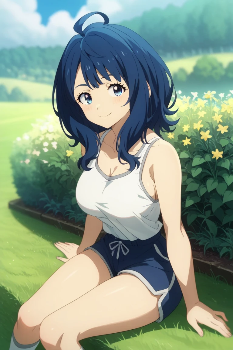 yanamianna, medium hair, ahoge,blue hair,blue eyes, large breast, tanktop, white tanktop, sideboobs, short pants, high socks, (wariza:1.2), sitting, smile, looking viewer, from front, outdoor, open corridor, grass, garden, wide shot, (masterpiece, best quality, high resolution, ultra-detailed:1.3), perfect fingers, detailed background, anime