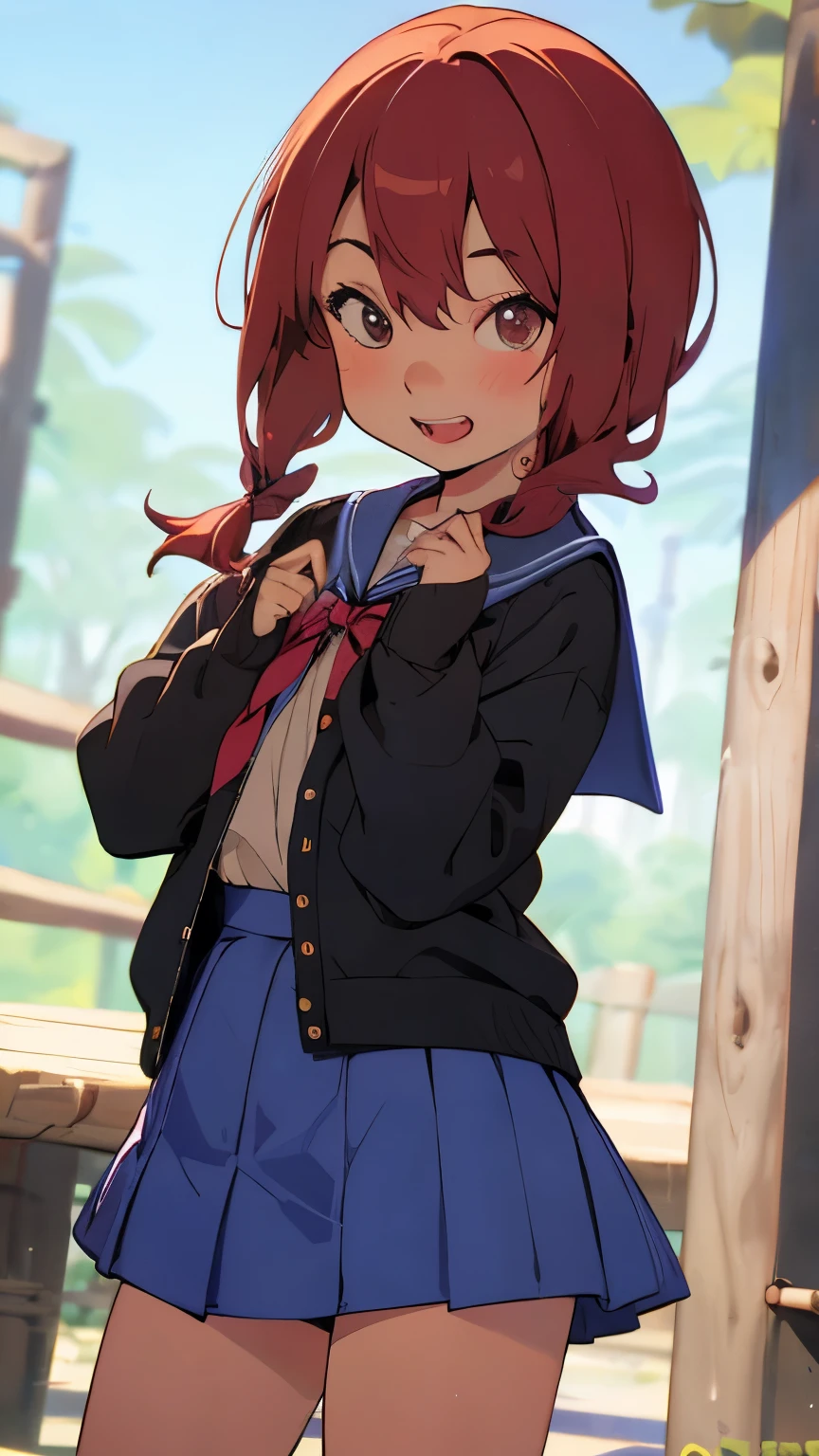 ( elementary school girl:1.3)、red hair、 ponytail、Laughter、((Feminine charm、Pervert girl))、 school uniform, Seraph,  Pleated Skirts,  sailor collar ,  white shirt, (black Cardigan ), 