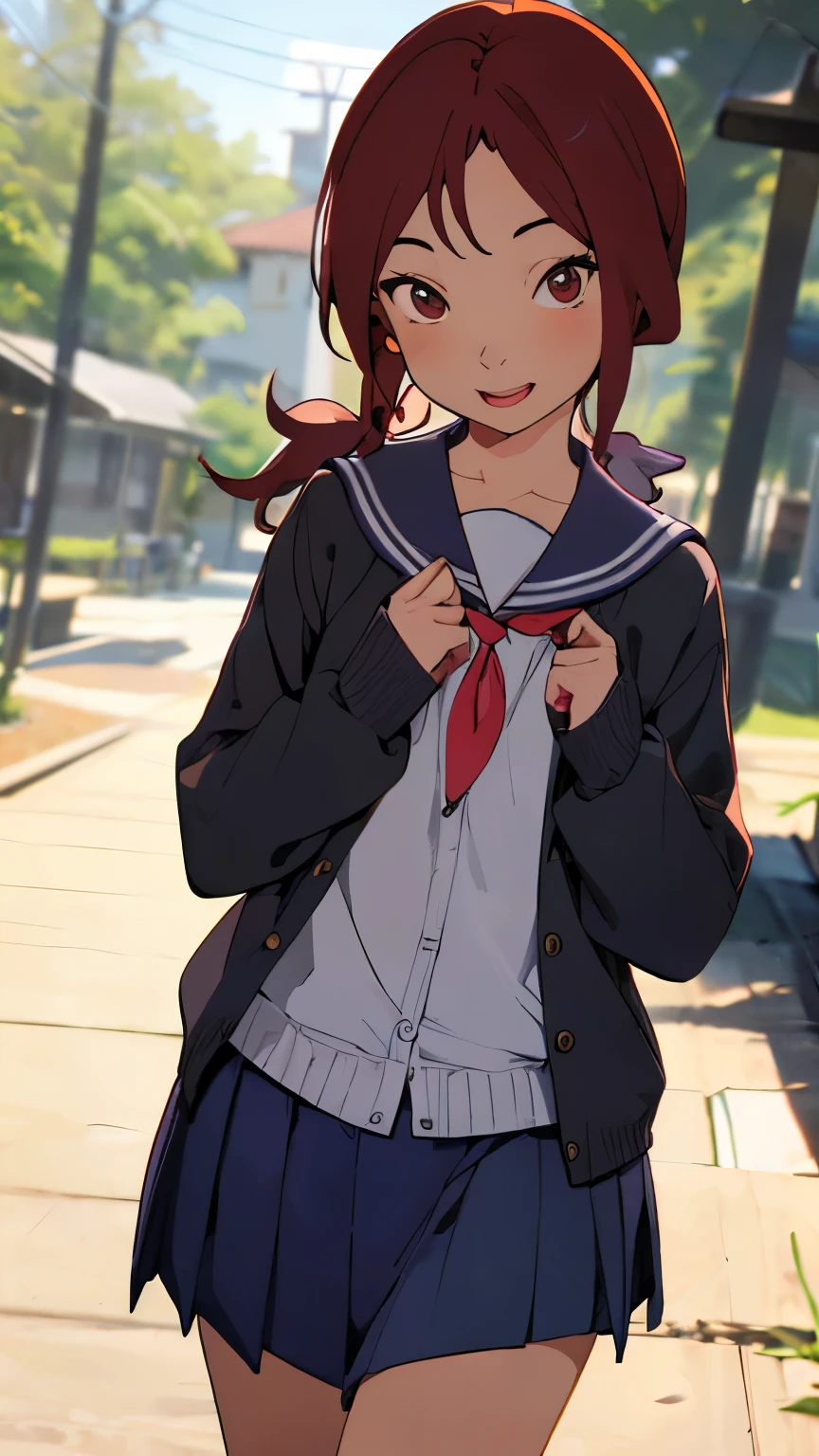 ( elementary school girl:1.3)、jung freud, red hair、 ponytail、Laughter、((Feminine charm、Pervert girl))、 school uniform, Seraph,  Pleated Skirts,  sailor collar ,  white shirt, (black Cardigan ), 