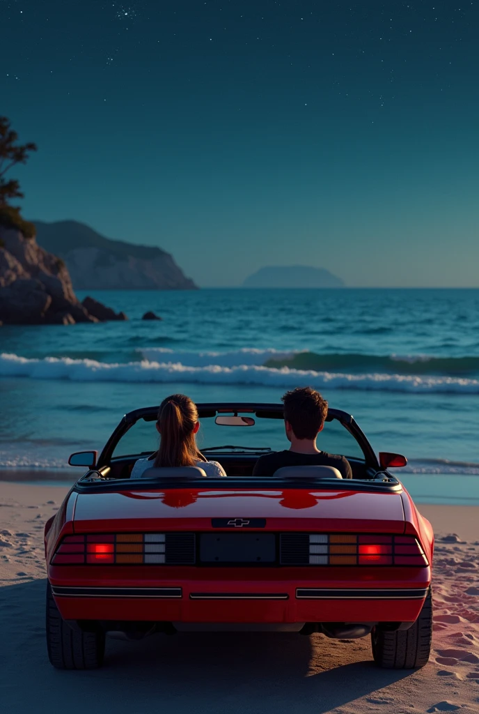 car photography, raw photo, black haired man and woman, convertible, old american, cinematographic, A walk along the coast with views of the sandy beach, Aesthetic, dramatic, dynamic shot, A surprising perspective, random shot, 
