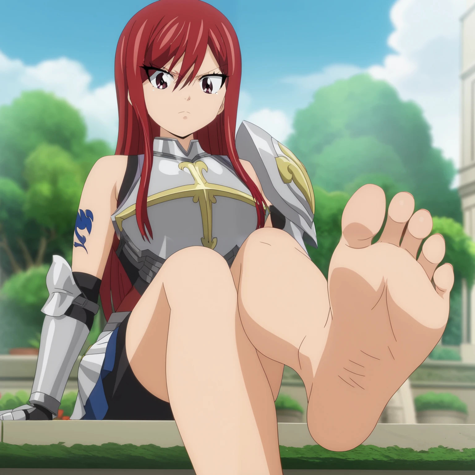 Score_9, score_8_up, source_anime, 1girl, Erza Scarlet, big eyes, alone, looking at viewer, in a garden, sitting, cowboy shot, ANIME SCREENCAP, anime coloring, barefoot, perfect feet, anatomically correct, soles, low angle, focal length 35mm, each foot has five toes, front, symmetrical soles, foot focus, wearing armor, long crimson hair