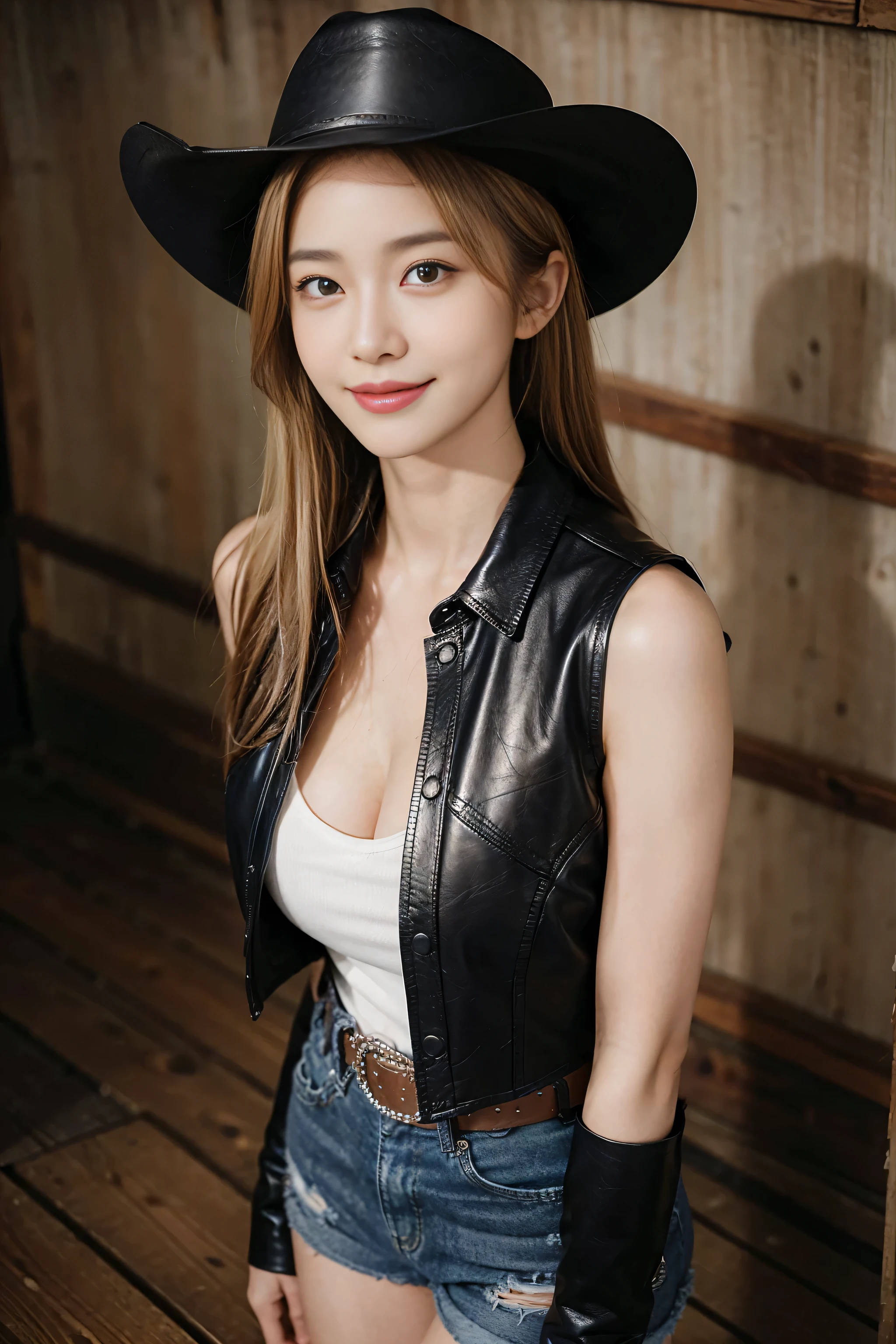 (((Cowgirl Costume))),(((Wear low-waisted denim shorts and long western boots))),(((I was already done))),(((Wear a western hat))),(((wear a leather belt))),(((Wearing a leather vest next to bare skin))),(((Showing cleavage))),(((Exposing the inner thighs))),(((Bare side chest))),(((Her hair is blonde))),Urzan-6500-v1.1, (RAW Photos:1.2), (Realistic:1.4), Beautiful detailed girl, Very detailed目と顔, Beautiful attention to detail, Very detailed, High resolution, Highest quality, masterpiece, Very detailed, 8k wallpaper, wonderful, In detail, Highest quality, Light on the face,Light,One Girl,(Fort Worth Stockyards Cowtown Coliseum),Beautiful Eyes,smile,Open your mouth
