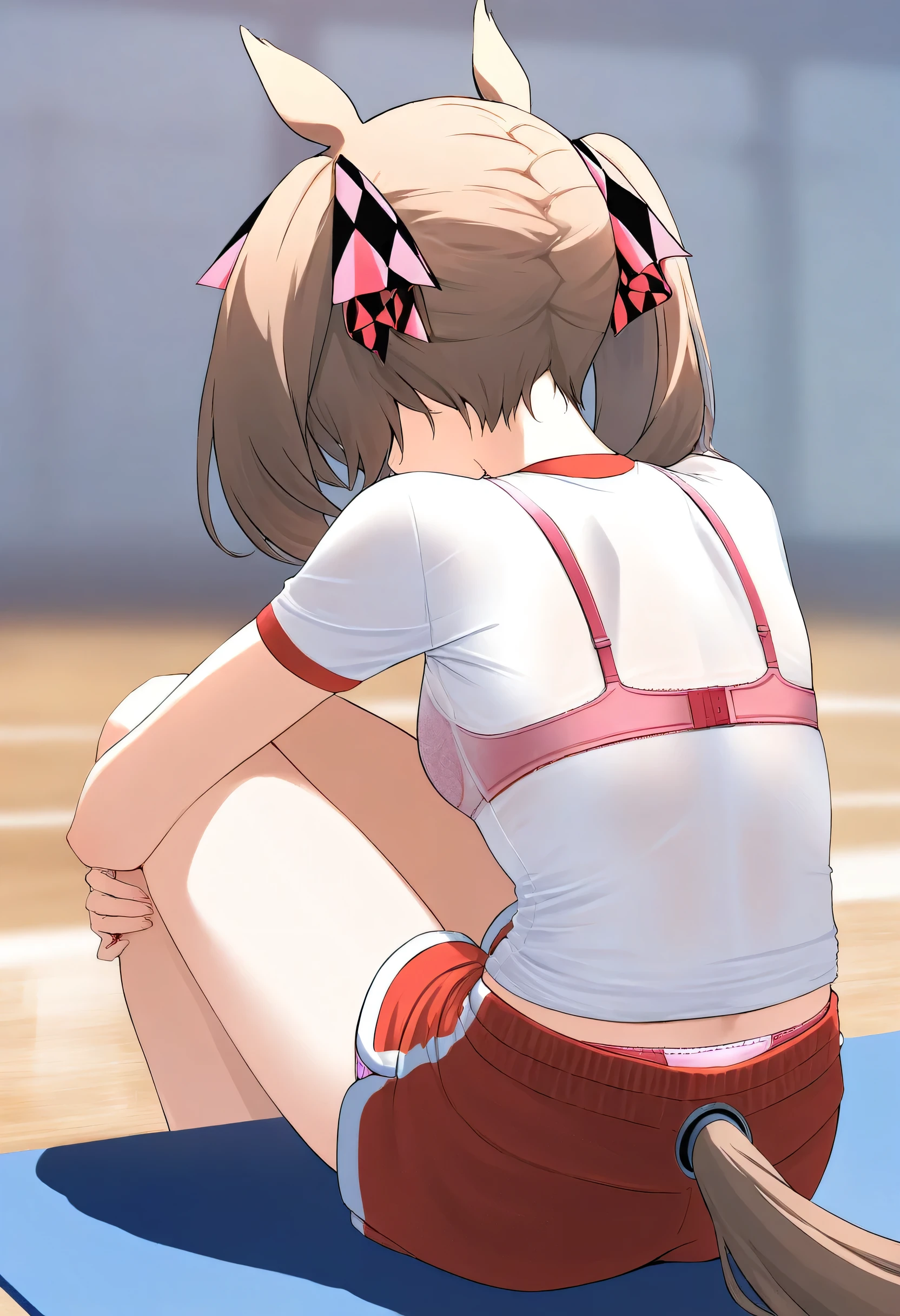 nsfw, ((1 girl)), cowboy shot, gym, umamusume, smart falcon, sitting, on floor, hugging own legs, (from behind), (back), back shot, red shorts, (t-shirt), white t-shirt, pink bra, (bra visible through clothes), pink panty, panty peek, body without discomfort, chest, small curvaceous, small breasts, ((masterpiece)), (best quality), (absurdres), (ultra detailed), (very aesthetic)