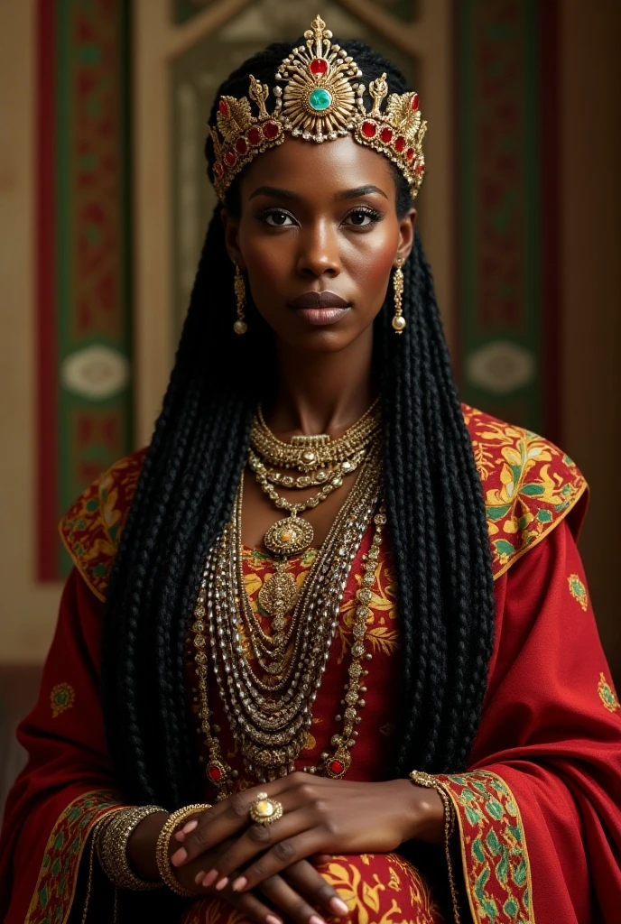 An old black woman with long African braids hair, wearing African-like royal clothing , with jewels.