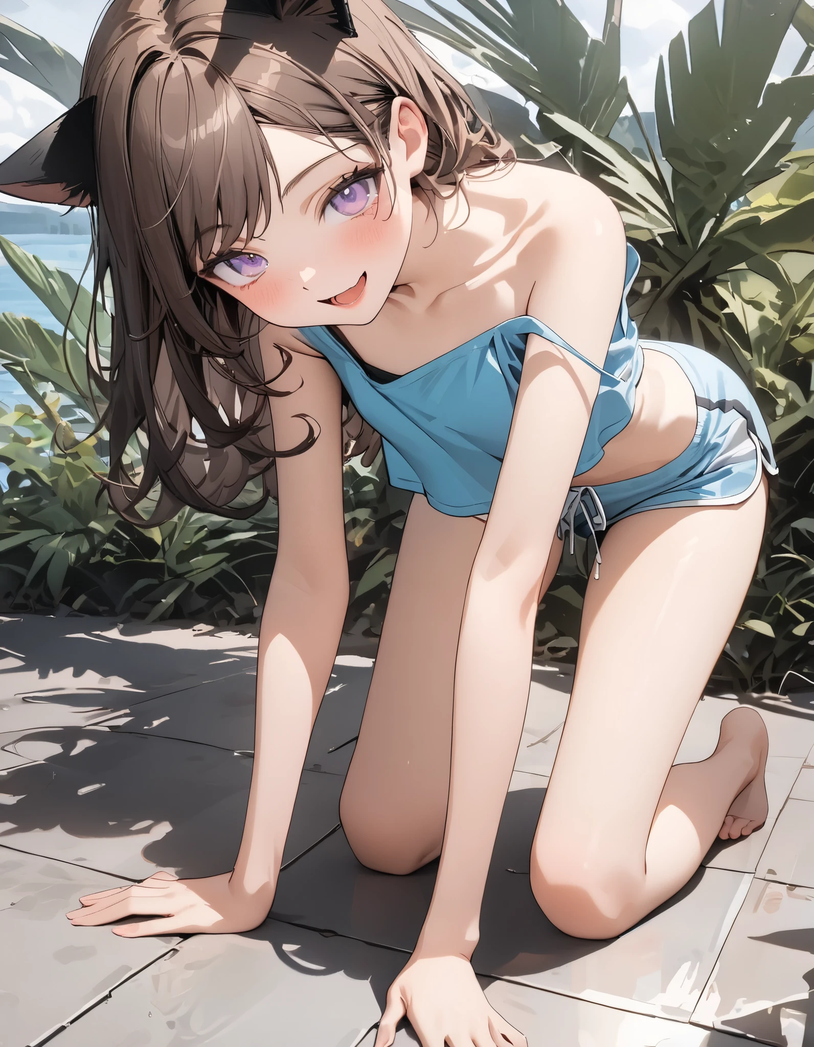 Nishino flower\(Umamusume\), super detailed face, masterpiece, highest quality, light smile, wave hands, ((super detailed face)), slender girl, whole body, (((In underwear))) good,panties,horse tail, light smile, fine and clear eyes, frontage,)(small breasts)(Petya pie)