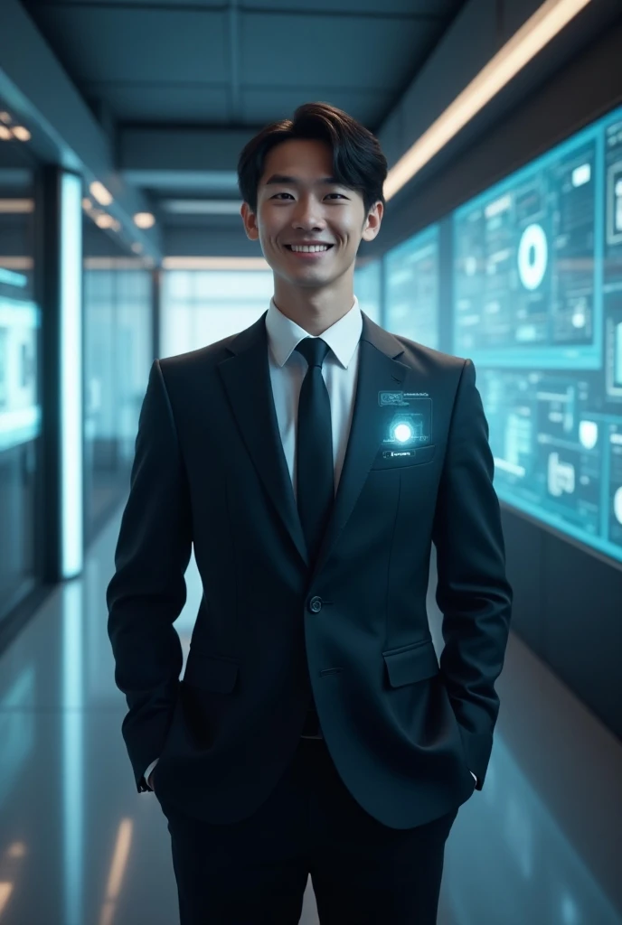 (ai_butler:1.3), (formal_suit:1.2), (electronic_display:1.2), (smiling:1.2), (holographic_interface:1.2), (futuristic_technology:1.2), (indoor_scene:1.1), (high_tech_environment:1.1), (clean_design:1.1), (1boy:1.1), (standing:1.1), (professional_appearance:1.1), (digital_screens:1.1), (glowing_elements:1.1), (sleek_interior:1.1), (artificial_intelligence:1.2), (friendly_expression:1.2), (advanced_robotics:1.1), (smart_home:1.1), (3d_hologram:1.1), (detailed_facial_features:1.2), (crisp_suit_texture:1.2), (dynamic_lighting:1.2), (photorealistic:1.2), (8k_resolution:1.2), cinematic_composition, depth_of_field, high_detail, sharp_focus, digital_painting, concept_art, sci-fi_atmosphere
