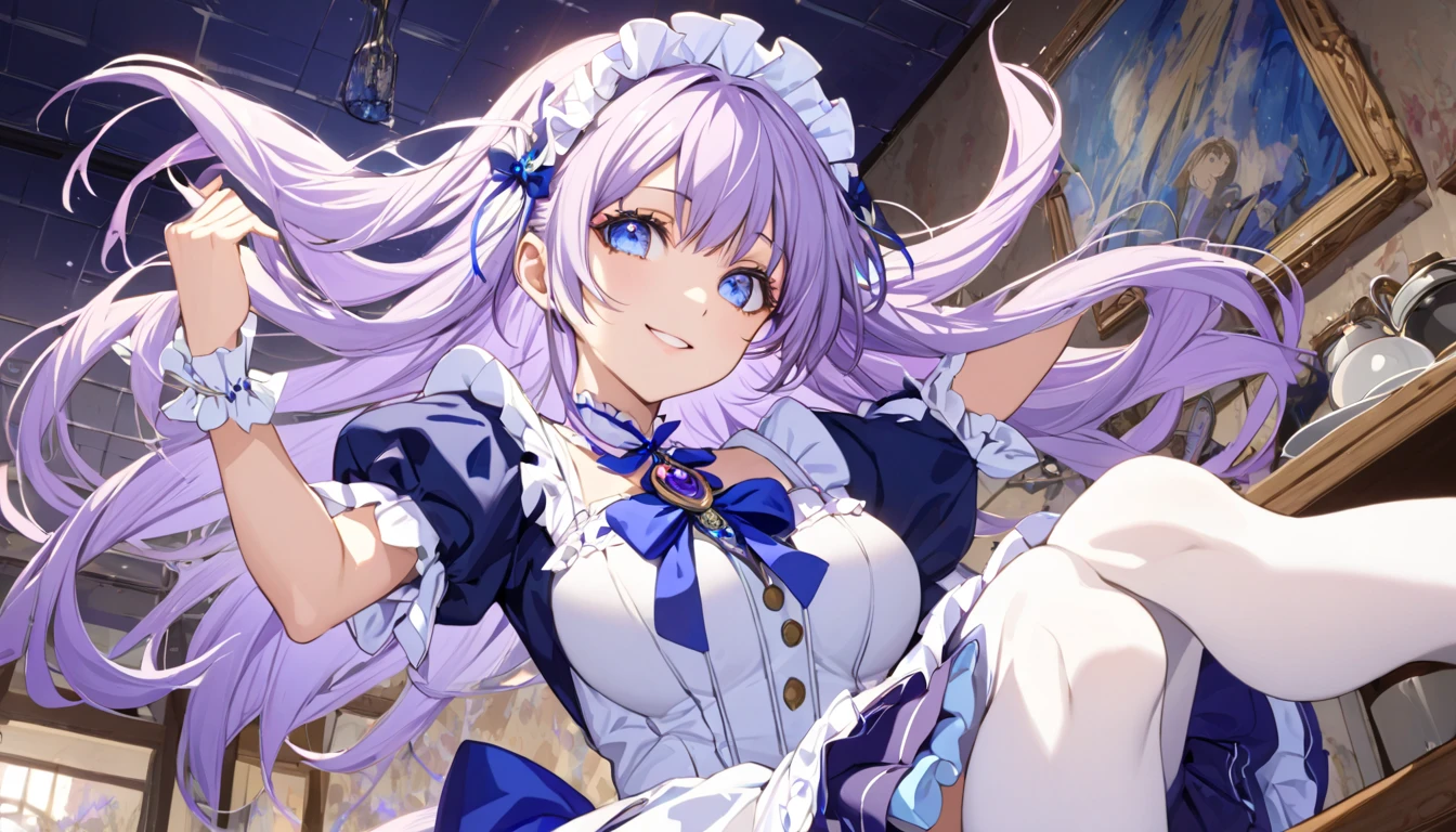 (( stain)), (( Masterpieces)), (Familiar with),  Perfect Face ,  eyelash , (Prequel ), (cure selence),  ****ta Dress, (  without skirt ), background, kitchen, Long hair,  Light Purple Hair, Blue eyes, Pupil , Multicolored eyes,  big breasts ,  White Stockings,  Smiling 