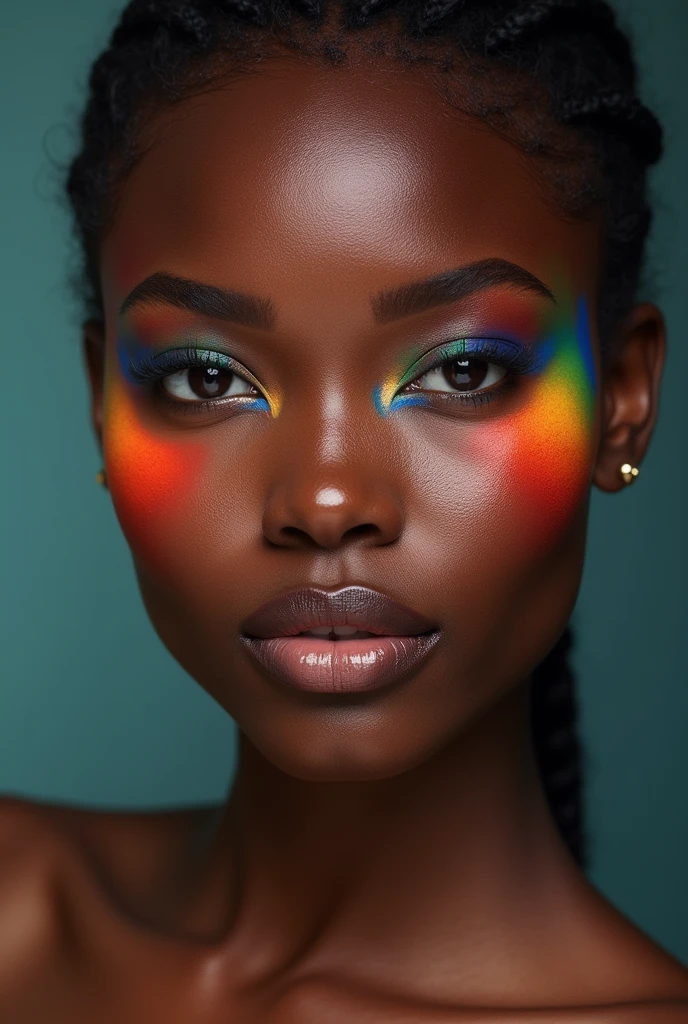 beautiful african lady, freckles, brilliant glitter makeup, (red and blue and yellow and green and vitiligo skin: 1.5), perfect sexy breasts, hyperdetailed photography, soft light, head and breast portrait, cover,, best quality, (detailed beautiful face, detail skin texture, ultra-detailed body:1.1)