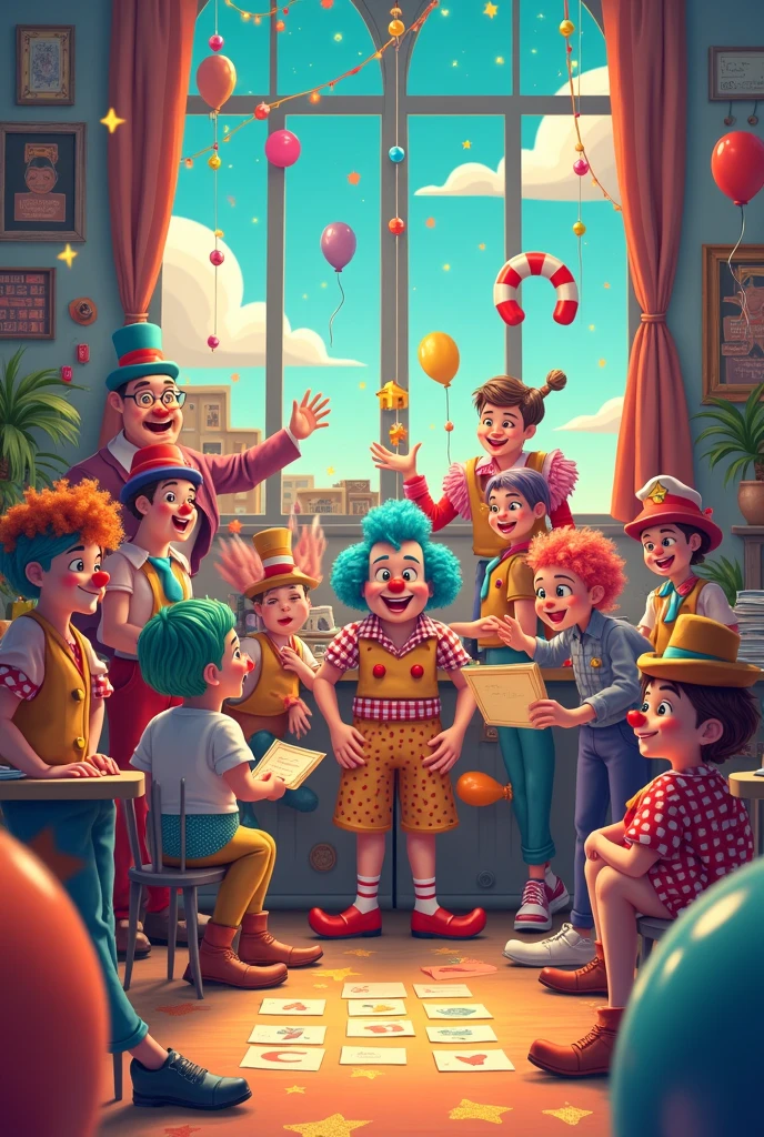 (best quality, highres), detailed, vibrant colors, happy children, entertaining performance, balloons, funny facial expressions, exaggerated gestures, circus tent, circus props, laughter, amusement park, entertainment for kids, energetic, magical tricks, audience interaction, big shoes, colorful costumes, juggling, balloon animals, circus music, laughter and applause