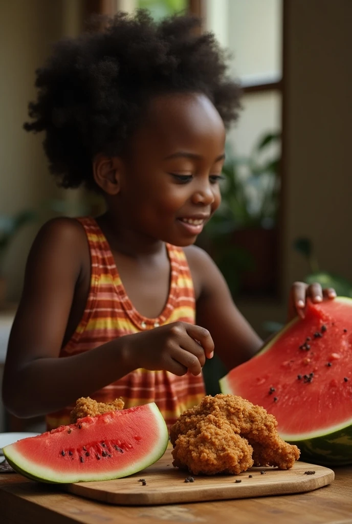 A handsome looking black kid eating chicken and watermelon in the kitchen dining room  artgerm style, ! dream artgerm