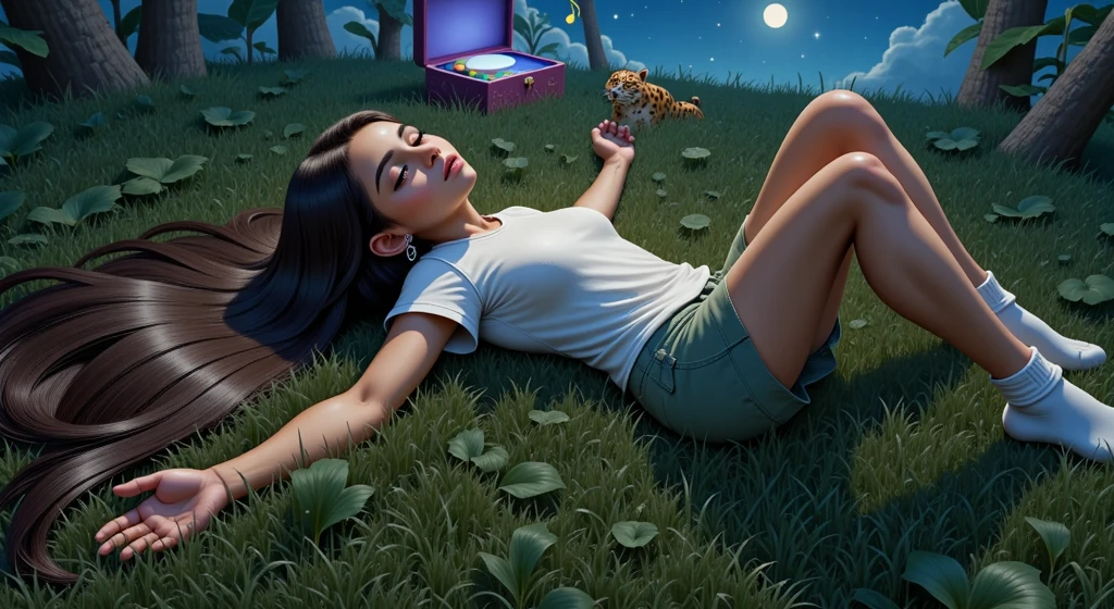 Inspired by the poster of a high quality and high resolution 3D Disney movie, set the image of a girl, ****, , *******, AGE: 12Y, BEAUTIFUL, SENSUAL AND ATTRACTIVE, lying on a grass using her arms as a pillow she has long straight black hair that spreads across the grass she is wearing a white t-shirt, she is wearing very short green safari style shorts she is wearing white socks she is with her eyes closed and sleeping deeply connected with nature, all the elements in the background, including the jaguar and the music box appear SMALLER AND BLURRED, ONLY AS ELEMENTS THAT COMPLEMENT THE SCENE, THE IMPORTANCE OF THE BOX IS THE LIGHT IT EMITS FROM ITS INTERIOR LIGHTING UP THE ENVIRONMENT AND THE NOTES MUSICALS THAT APPEAR ALMOST ETERNAL IN THE SCENE, BUT PRESENT IN THE ENTIRE ENVIRONMENT. In the background we see a jaguar lying down with its eyes closed and sleeping, an image blurred so as not to take attention away from the main character. Behind the jaguar, we have a blue music box with a white background, and I feel a white light that expands in the background of the environment, softly emitting golden musical notes that spread throughout the forest. The environment is a beautiful night of stars and a full moon. Around the girl, there are trees and plants typical of the Amazon. She is beautiful, sensual and attractive.