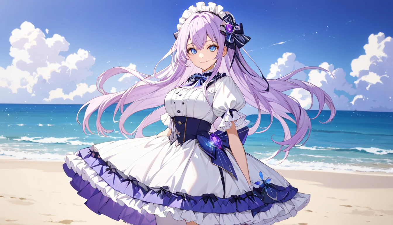 (( stain)), (( Masterpieces)), (Familiar with),  Perfect Face ,  eyelash , (Prequel ), (cure selence),  ****ta Dress, (  without skirt ), background, beach, Long hair,  Light Purple Hair, Blue eyes, Pupil , Multicolored eyes,  big breasts ,  White Stockings,  Smiling 