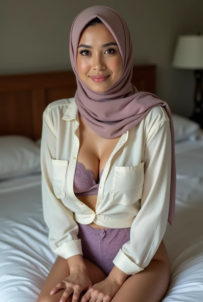((1 young and beautiful girl: 1.2)), (8k, RAW photo, top quality, masterpiece: 1.2), high-definition RAW color photo, professional photo, cinematic light, (fine face: 1.2), (masterpiece: 1.5), (best quality: 1.2), (smile: 1.2), (viewer: 1.2), (cleavage: 1.2), smile, slender and beautiful Japan girl, beautiful big breasts, ( wearing a bathrobe: 1.6), (breast out show areola nipple detailed ), camel toes, no underwear, show pubic hairs detailed, (lying on bed with legs wide spread: 1.6), camel toe details, cuteness, sexiness, (wearing hijab:1.6)
