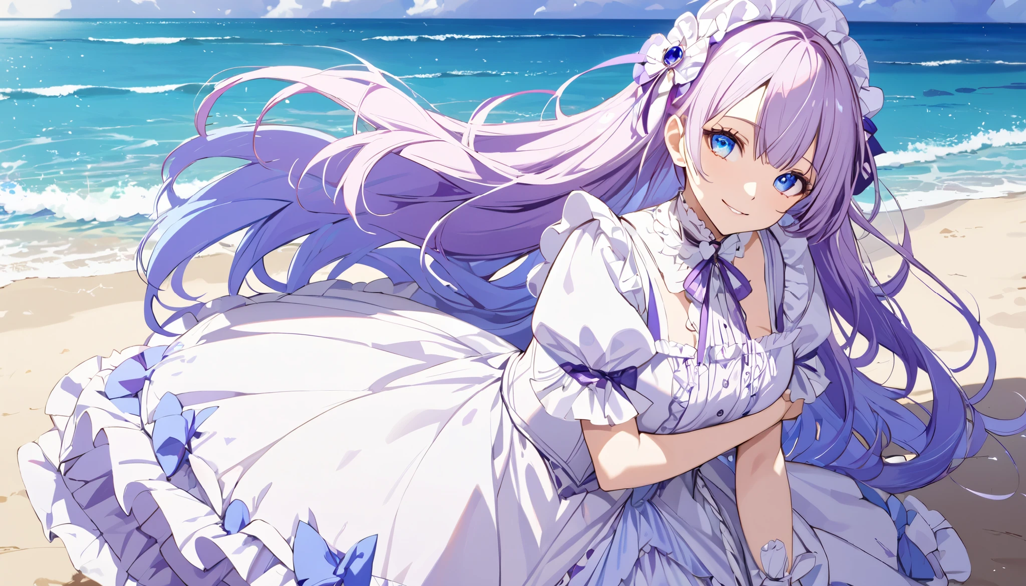 (( stain)), (( Masterpieces)), (Familiar with),  Perfect Face ,  eyelash , (Prequel ), (cure selence),  Lolita Dress, (  without skirt ), background, beach, Long hair,  Light Purple Hair, Blue eyes, Pupil , Multicolored eyes,  big breasts ,  White Stockings,  Smiling 