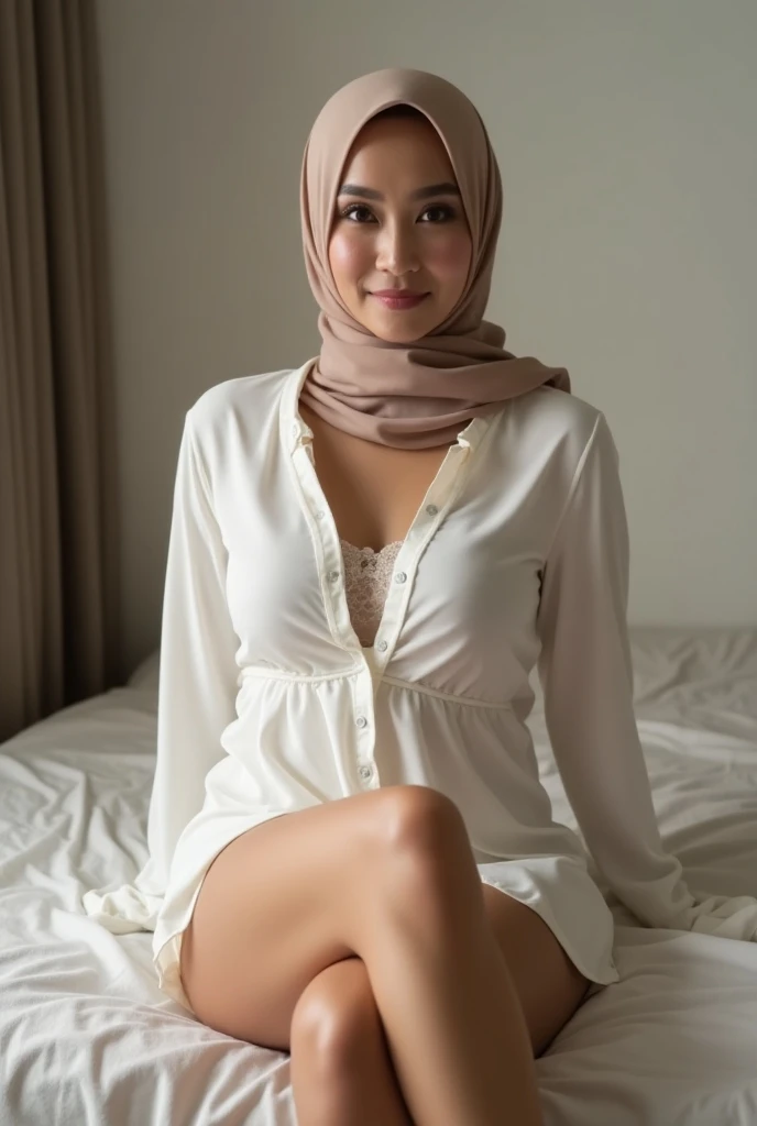 Malay girl in hijab wearing sexy lilac color pajamas portrait photography, mid shot photo, ultra detail, professional photograph with professional lighting, smile, light blue studio background, sexy seducing pose, curvy