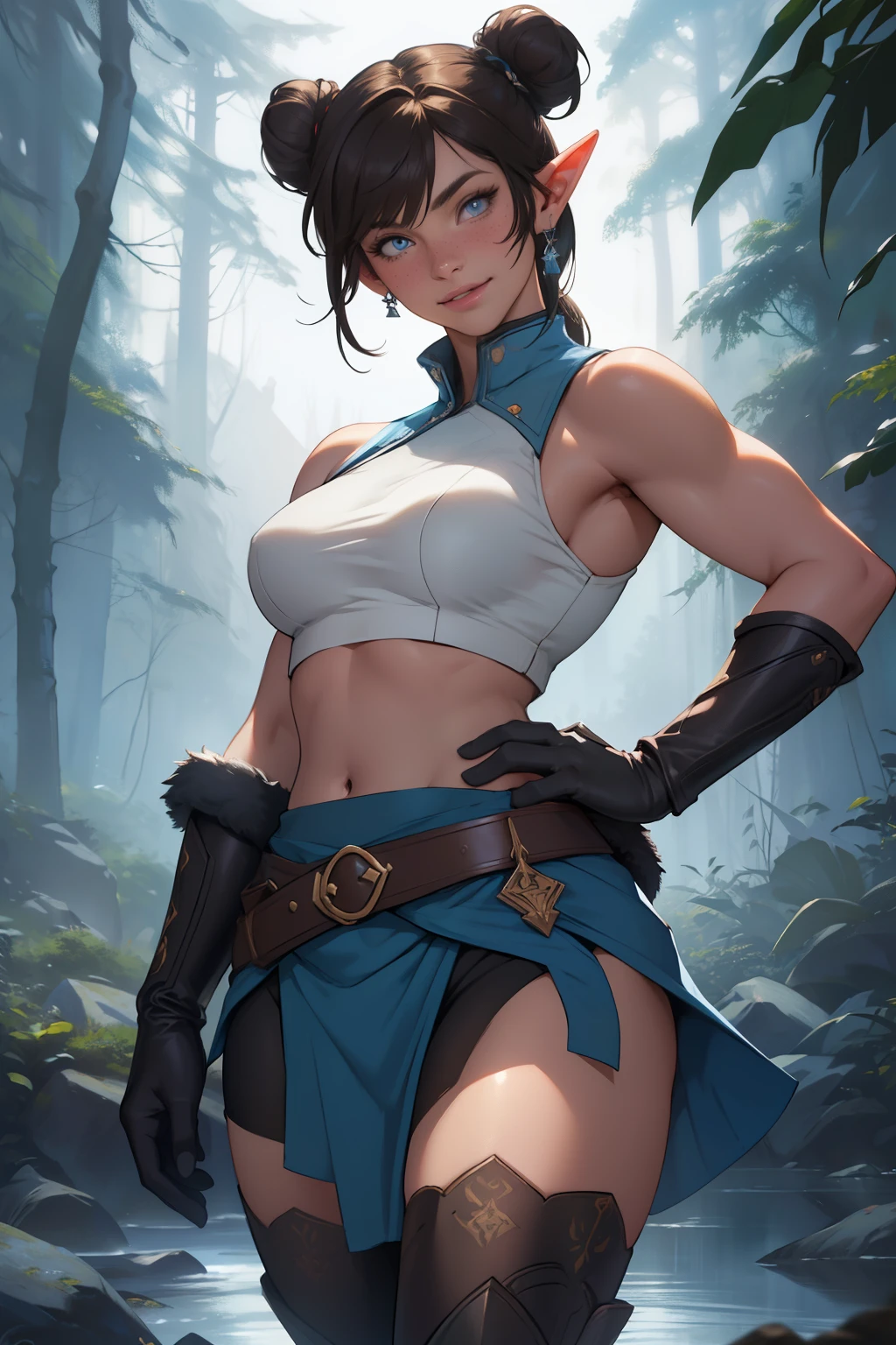 Korra da avatar,(best quality, 4K,8k,high resolution,work of art:1.2)(weather: showing), tundra background, artic village, wide hips, long curly hair, brown hair, freckles, sleeveless crop top, fur belt, bodycon winter skirt, leggings, winter boots, elbow long gloves, light makeup, dark eyeliner, blush, flirting pose, earrings, glowing eyes, ultra detailed, portrait, realistic, beautiful detailed blue eyes, beautiful detailed lips, extremely detailed eye and face, long eyelashes,average, large breasts, flying hair, beaming smile, sexy smile, powerful girl, bright coloured, dramatic lighting, blue flames, a beautiful elf girl training, short brown hair, double bun hairstyle, blunt bangs, blue eyes, hair ornament, detailed face, elegant pose, mystical forest background, cinematic lighting, (best quality,4k,8k,highres,masterpiece:1.2),ultra-detailed,(realistic,photorealistic,photo-realistic:1.37), LAUFEN, SHORT HAIR, DOUBLE BUN, BLUNT BANGS,