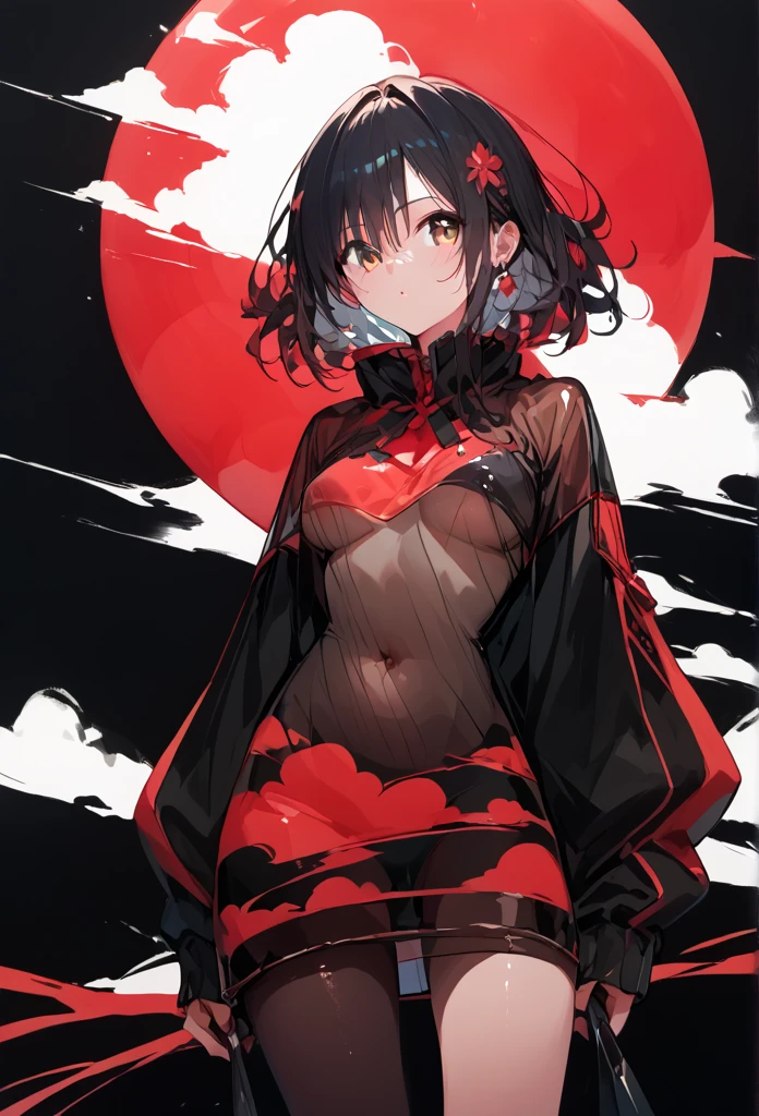 The girl with the red cloud motif, black background , see-through clothes similar to Reina Tanaka,Transparent body lines,See-through innerwear