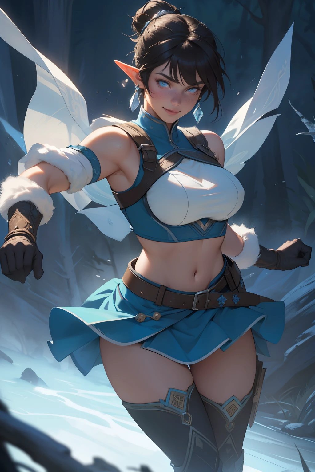 Korra da avatar,(best quality, 4K,8k,high resolution,work of art:1.2)(weather: showing), tundra background, artic village, wide hips, long curly hair, brown hair, freckles, sleeveless crop top, fur belt, bodycon winter skirt, leggings, winter boots, elbow long gloves, light makeup, dark eyeliner, blush, flirting pose, earrings, glowing eyes, ultra detailed, portrait, realistic, beautiful detailed blue eyes, beautiful detailed lips, extremely detailed eye and face, long eyelashes,average, large breasts, flying hair, beaming smile, sexy smile, powerful girl, bright coloured, dramatic lighting, blue flames, a beautiful elf girl training, short brown hair, double bun hairstyle, blunt bangs, blue eyes, hair ornament, detailed face, elegant pose, mystical forest background, cinematic lighting, (best quality,4k,8k,highres,masterpiece:1.2),ultra-detailed,(realistic,photorealistic,photo-realistic:1.37), LAUFEN, SHORT HAIR, DOUBLE BUN, BLUNT BANGS,