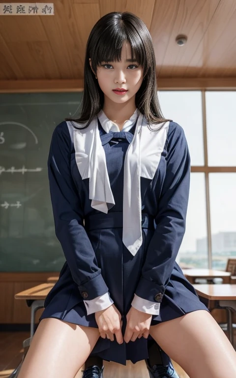 ​masterpiece,  High School Girls 、 blue eyes、 bright brunette 、（ school uniform:1.5）、（ M shaped legs  :1.5）、 huge breasts coming out 、 navy socks、Put on your shoes、（ bright school classroom :1.5）Viewers, reality,  lesbian with full body , radical, expensive, （ expand your pubic area with your fingers :1.5） very detailed ,  ahehe, With eyes rolling, blush,   water flowing through her mouth ,   sticky tongs,  Big Breasts,  sexual arousal, sexual expression,  shiny skin、  open legs、 excited , Provocative, , ( facing down ),  camera in front of the gauge, ceiling, from below ,