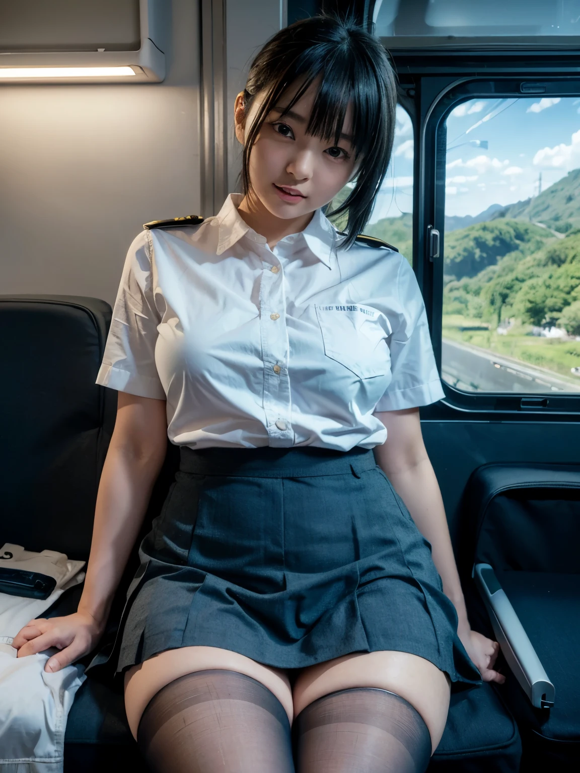 (8k, highest quality, masterpiece: 1.2), (Realistic, Realistic: 1.2), Beautiful Japanese 20 year old woman, Tight waist, Thin thighs, detailed: (非常にdetailedな: 1.3), ((stewardess costume)), Updo short hair, ((Wearing a mini skirt)), Slim and perfect style. (High resolution: 1.1), Airplane Passenger Passenger Passenger,