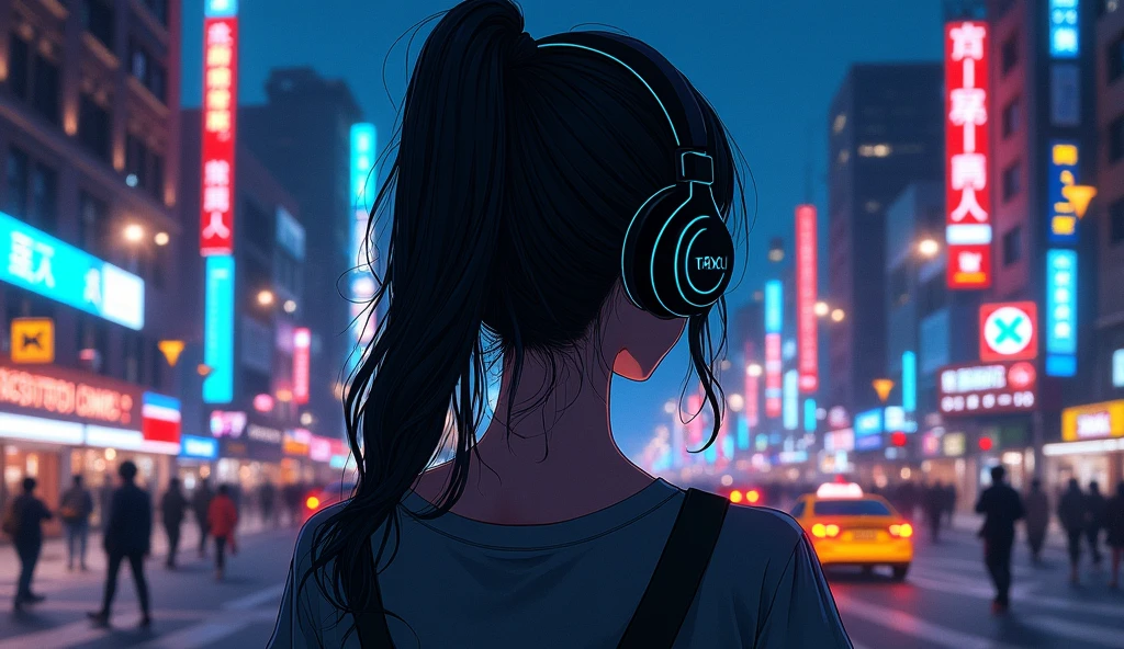 night、Girl listening to music in a cozy room, Use headphones, 2D Style Anime, Rain outside the window、Analog Color Theme、Ghibli style、neon, close up, detailed background, chill, rain outdoor, detailed face, smile, long hair, large breast, crop top, crop, city light, bare shoulder, detailed armpit, cleveage