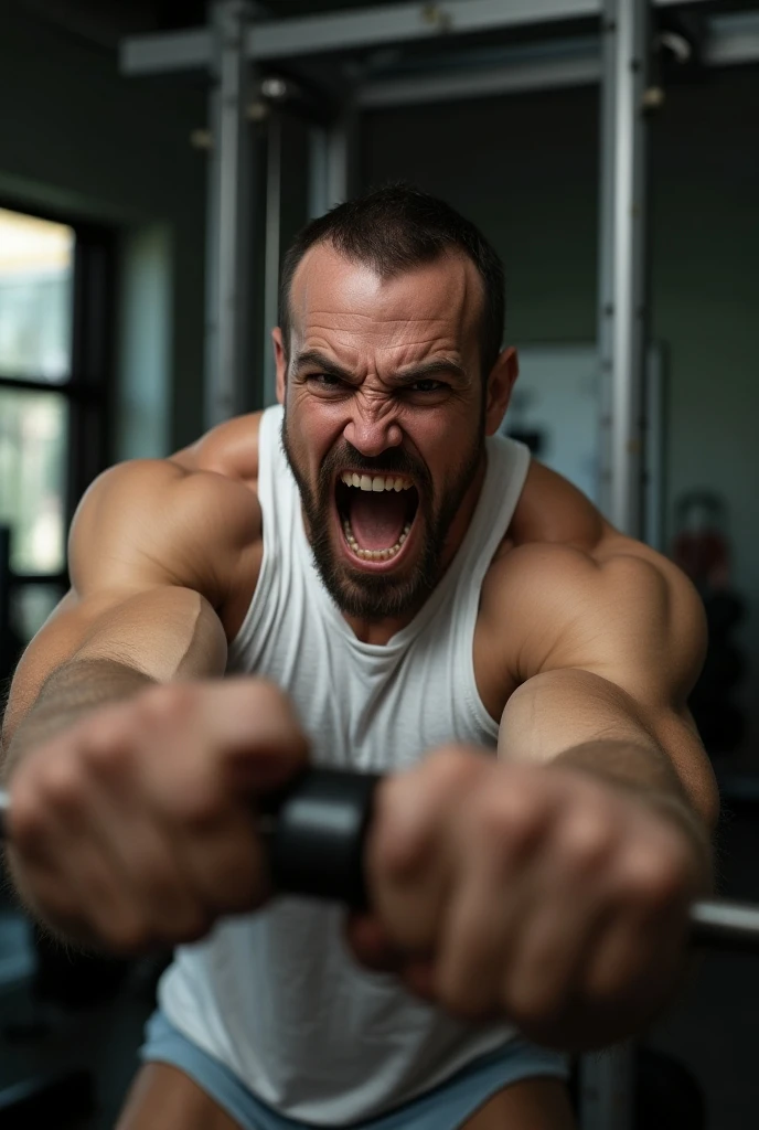 A Young Male,Muscular body,Wearing grey sport Short,Bald head, Vomiting,Solid white background