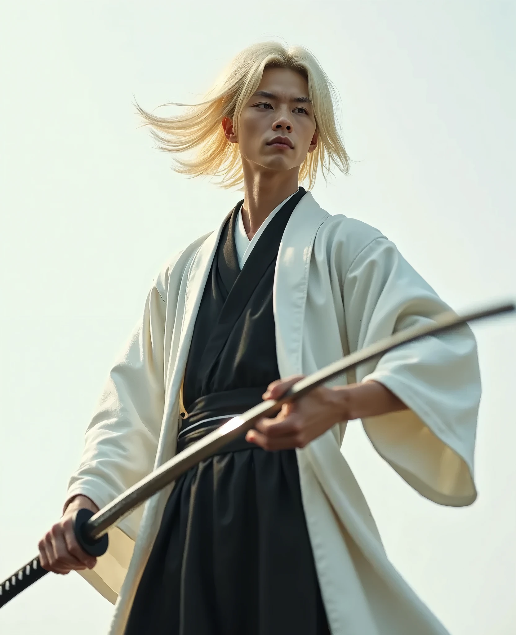 White Long hair man with red eyes have two horns in yukata holding an axe