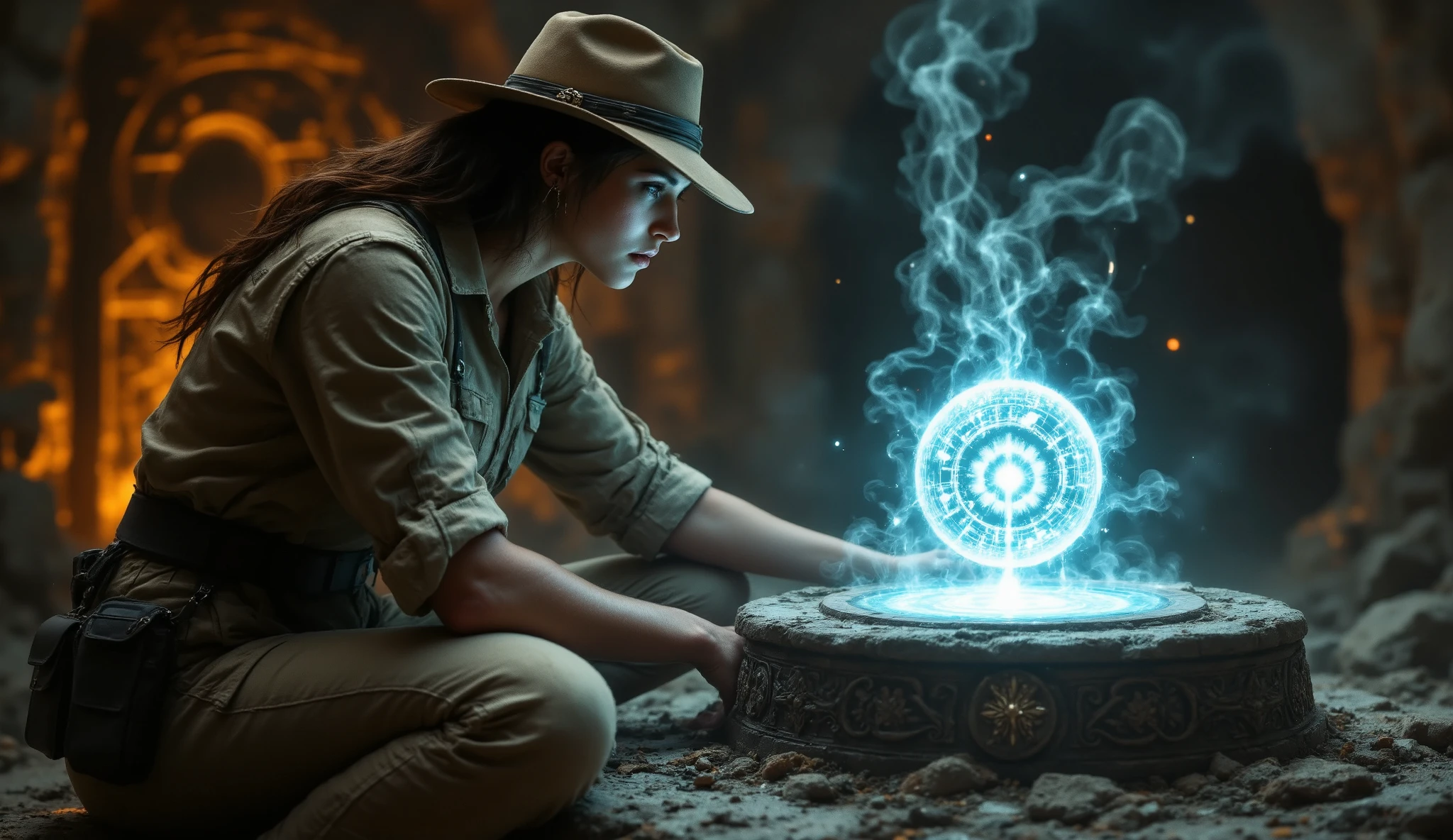 Dr. Eleanor Hayes, the lead archaeologist, carefully examines a glowing artifact embedded in an ancient stone pedestal. Symbols around the artifact shimmer with mysterious energy.
Image Prompt: Dr. Eleanor Hayes, a determined woman in 1960s-style explorer attire, examining a mysterious, glowing artifact embedded in a carved stone pedestal, intricate alien symbols around it, dramatic side lighting