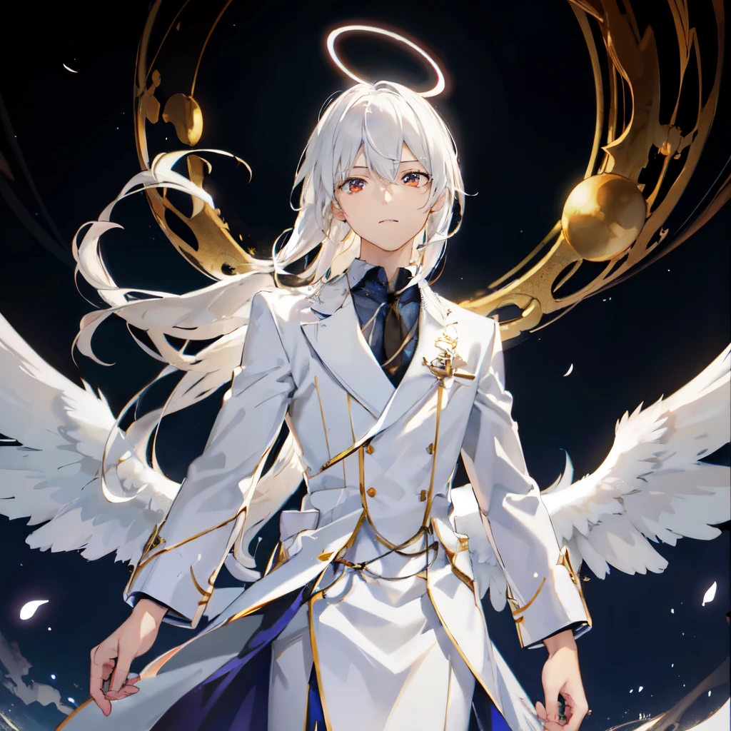 Looking forward Man in formal attire wearing a white and platinum lab coat on top Male,red eyes, cabello largo color platino anime angel con alas y un halo por encima de la cabeza, anime wallpaper , bíblico preciso angel , angelic, ((zerator )),  glowing angelic being  , an angel, angelical, hd anime wallpaper , Night, angel, ascension,  Big shiny white wings , zero-chan, Angelic and Disturbing  , the lilies, ethereal anime, angelic halocon alas de angel, white-haired deity,  Glowing Angelic Being , Angelic halo, sacred halo, Un angel,  Claymore anime background ,  winner of the pixiv contest, The Angel of Death with a halo, anime wallpaper, angelic and disturbing,  orange halo around her head ,  ray of light through white hair, bright halo above his head,