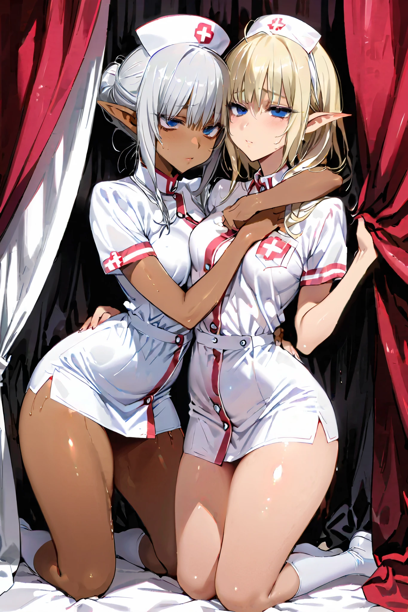 Two mature women hugging and kissing while hiding in a curtain, A blond blue-eyed elf and (dark skin:1.5) Silver Haired Elf, cowboy shot, kneeling,  Nurse uniform , medium breasts、Thick thighs、 simple background、heart, nsfw,  Hollow Eyes、(glistening skin), (oily skin), (shiny skin),(half closed eyes), (bags under eyes),  chignon hair、