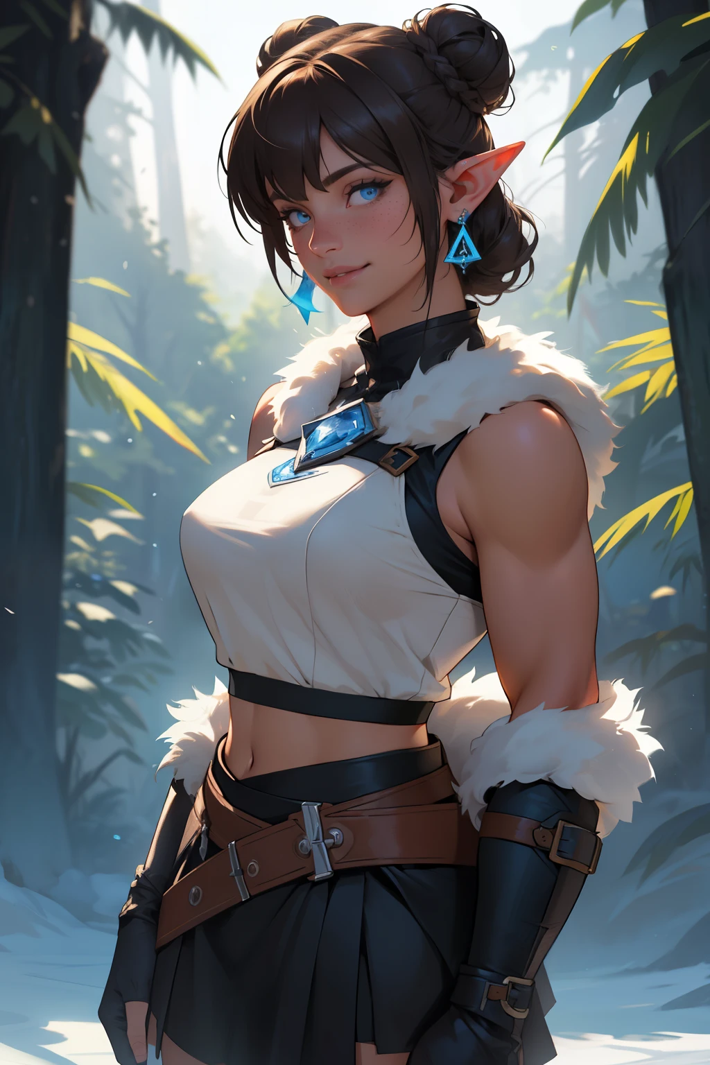 Korra da avatar,(best quality, 4K,8k,high resolution,work of art:1.2)(weather: showing), tundra background, artic village, wide hips, long curly hair, brown hair, freckles, sleeveless crop top, fur belt, bodycon winter skirt, leggings, winter boots, elbow long gloves, light makeup, dark eyeliner, blush, flirting pose, earrings, glowing eyes, ultra detailed, portrait, realistic, beautiful detailed blue eyes, beautiful detailed lips, extremely detailed eye and face, long eyelashes,average, large breasts, flying hair, beaming smile, sexy smile, powerful girl, bright coloured, dramatic lighting, blue flames, a beautiful elf girl training, short brown hair, double bun hairstyle, blunt bangs, blue eyes, hair ornament, detailed face, elegant pose, mystical forest background, cinematic lighting, (best quality,4k,8k,highres,masterpiece:1.2),ultra-detailed,(realistic,photorealistic,photo-realistic:1.37), LAUFEN, SHORT HAIR, DOUBLE BUN, BLUNT BANGS,