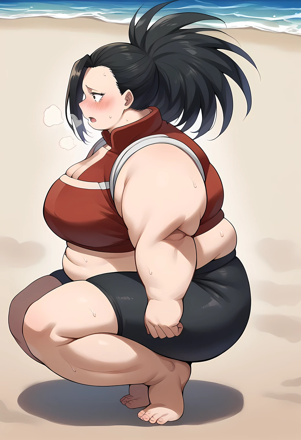 score_9, score_8_up, score_7_up, source_anime BREAK 1girl, momoyaoyorozu, yaoyorozu momo, black eyes, black hair, long hair, blush, black hair,, female , ganryu, red tube top, black bike shorts, squatting, beach, open mouth  sweating, growing fatter, fat, chubby, obese, full body shot, gigantic arms and legs, out of breath, side view