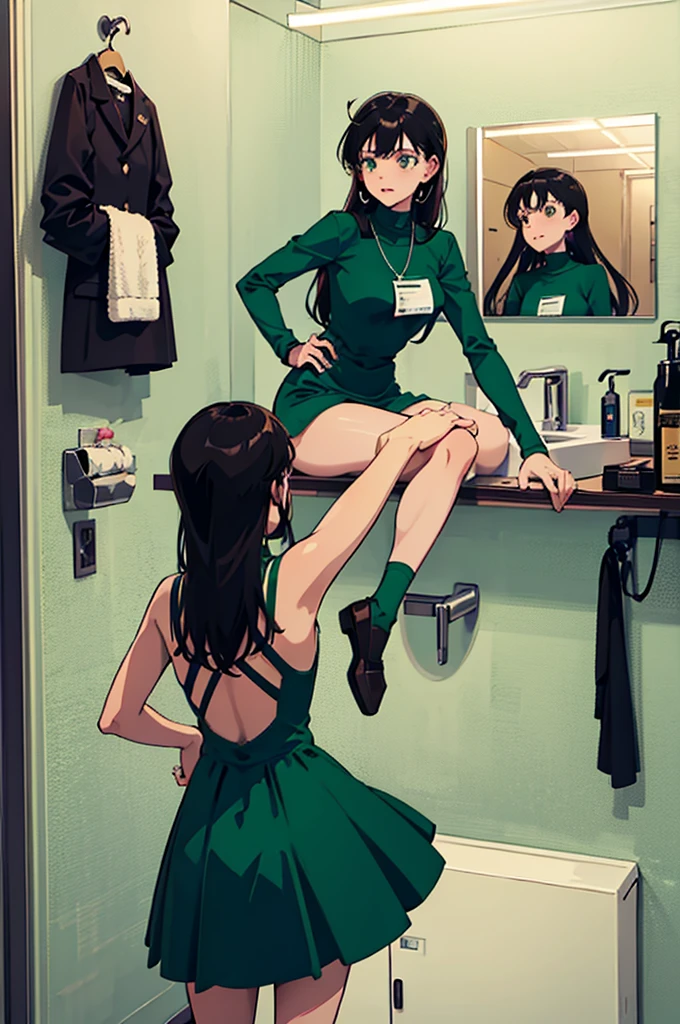 {{{long hair}}},{{{official style}}}
{{{adult}}},green dress,one-piece dress,turtleneck,green mini skirt, ｛light green cropped mini jacket},green socks,loafers,wash basin,laundry,mirror、
green turtleneck dress、back view
leaning forward