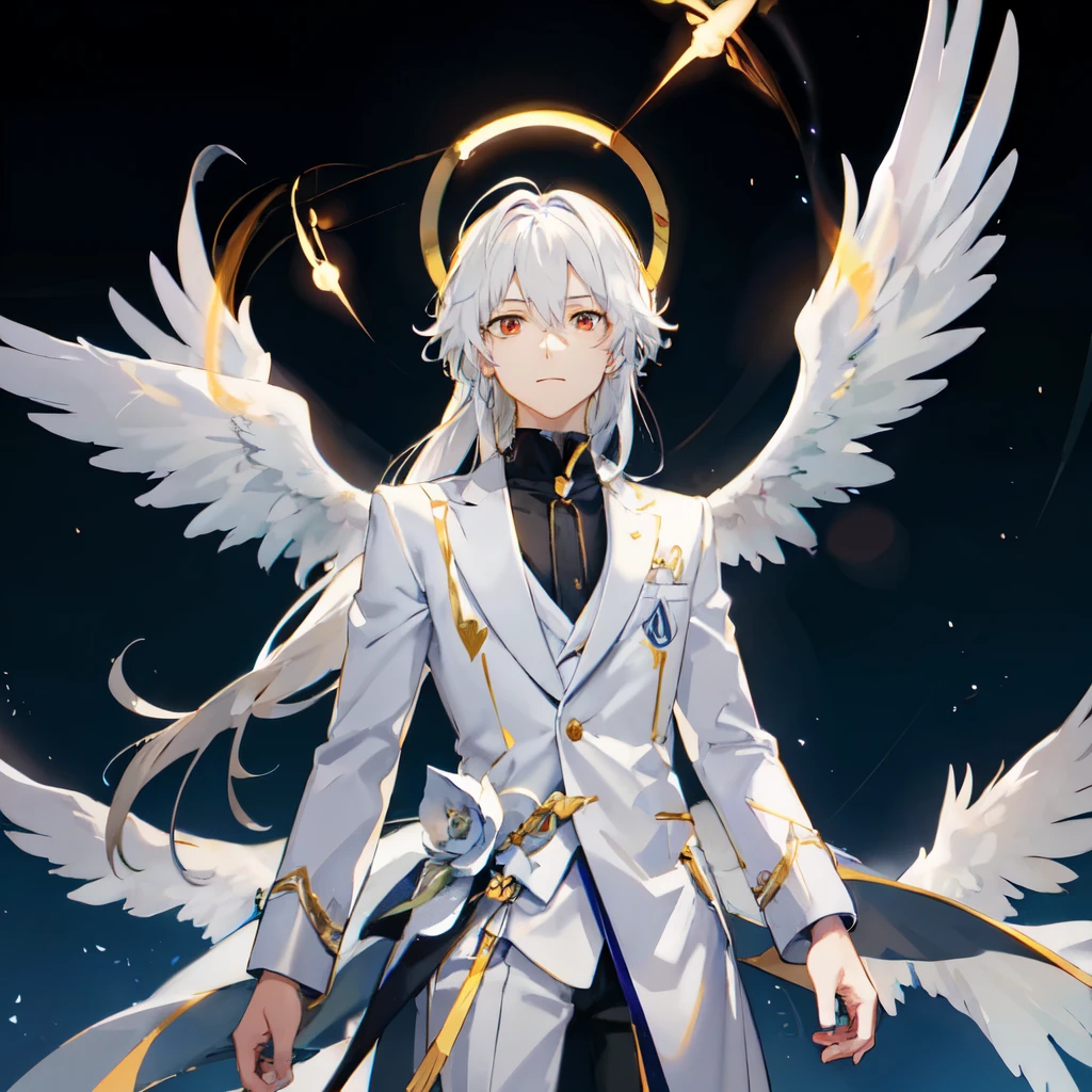 Looking forward Man in formal attire wearing a white and platinum lab coat on top Male,red eyes, cabello largo color platino anime angel con alas y un halo por encima de la cabeza, anime wallpaper , bíblico preciso angel , angelic, ((zerator )),  glowing angelic being  , an angel, angelical, hd anime wallpaper , Night, angel, ascension,  Big shiny white wings , zero-chan, Angelic and Disturbing  , the lilies, ethereal anime, angelic halocon alas de angel, white-haired deity,  Glowing Angelic Being , Angelic halo, sacred halo, Un angel,  Claymore anime background ,  winner of the pixiv contest, The Angel of Death with a halo, anime wallpaper, angelic and disturbing,  orange halo around her head ,  ray of light through white hair, bright halo above his head,