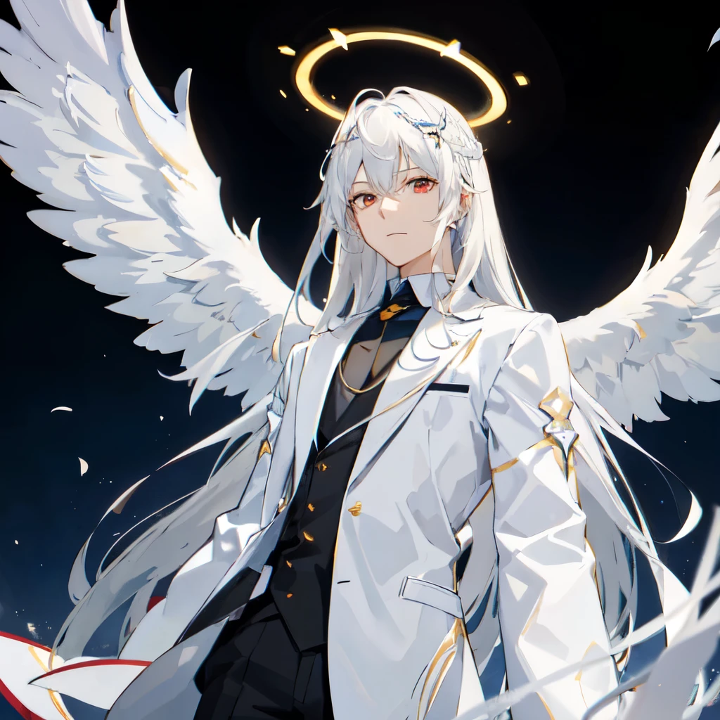 Looking forward Man in formal attire wearing a white and platinum lab coat on top Male,red eyes, cabello largo color platino anime angel con alas y un halo por encima de la cabeza, anime wallpaper , bíblico preciso angel , angelic, ((zerator )),  glowing angelic being  , an angel, angelical, hd anime wallpaper , Night, angel, ascension,  Big shiny white wings , zero-chan, Angelic and Disturbing  , the lilies, ethereal anime, angelic halocon alas de angel, white-haired deity,  Glowing Angelic Being , Angelic halo, sacred halo, Un angel,  Claymore anime background ,  winner of the pixiv contest, The Angel of Death with a halo, anime wallpaper, angelic and disturbing,  orange halo around her head ,  ray of light through white hair, bright halo above his head,