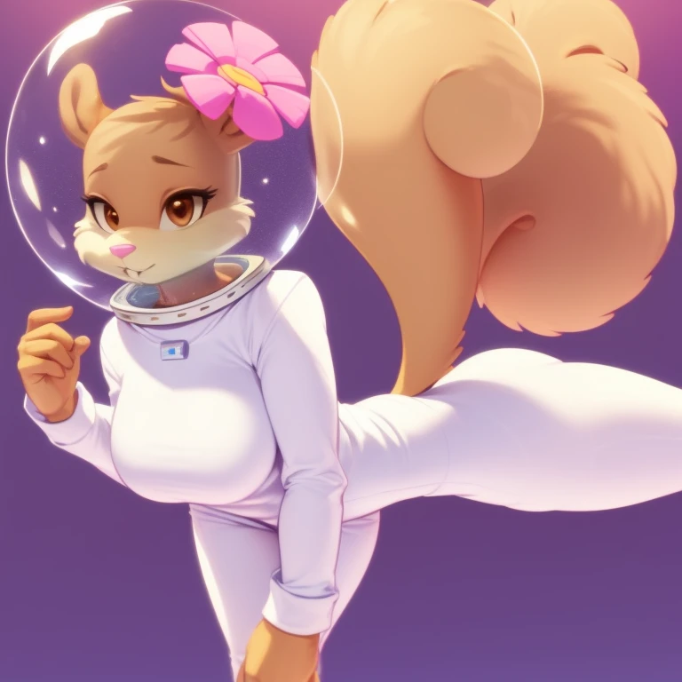 sandy-cheeks, (bubble helmet:1.3), furry female anthro, squirrel girl, (hair flower:1.1), (white shirt:1.2, long sleeves), solo, (body fur:1.2), (best quality), (warm colors:1.2), dramatic lighting, (detailed fluffy fur:1.1), looking at viewer, (tail:1.1), bending over, standing, side view, small breasts