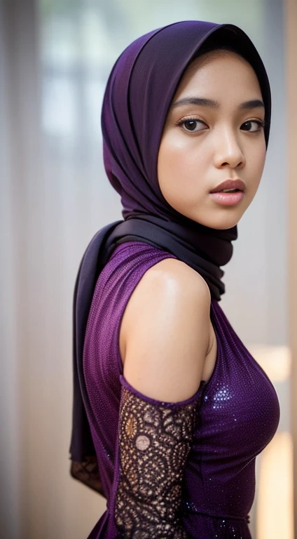 RAW, Best quality, high resolution, Masterpiece: 1.3), Beautiful Malay woman in hijab, Masterpiece, Perfect slim body, (small breasts), Beautiful big eyes, Soft smile, Masterpiece:1.2, Best quality), Realistic, , Intricate details, Depth of fiel, modern plain red hijab, red lips, white skin, shy, medium portrait shot , watery eyes ,droopy eyes, watery, lip glossy, sad face, wear java wedding woman in kebaya purple dress berendra, kebaya batik, flower garden background, bokeh background, proportional body,