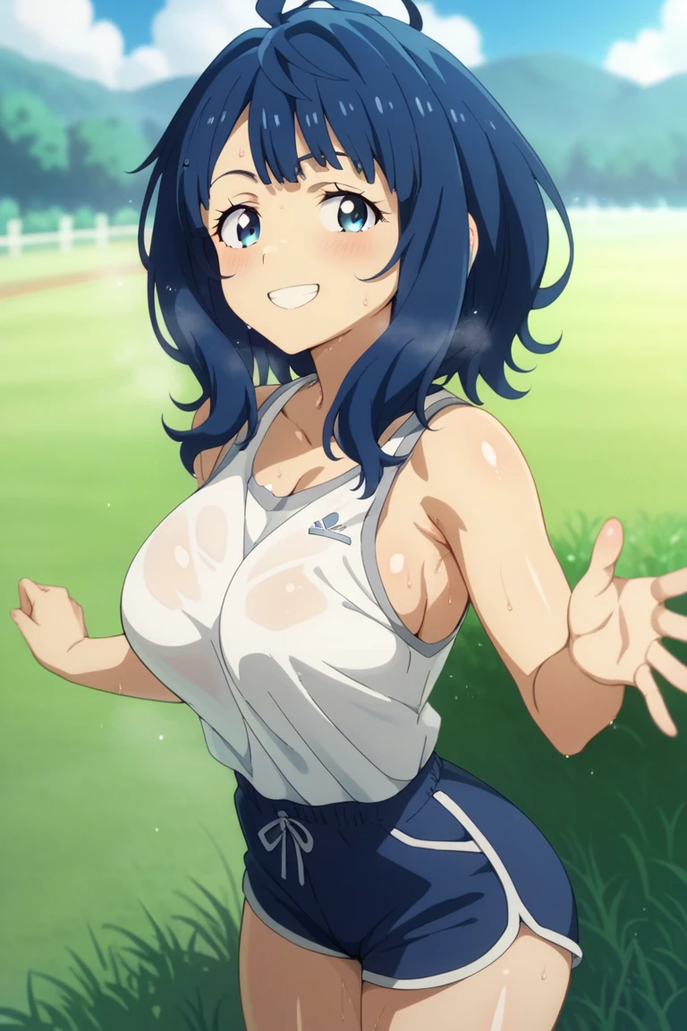 yanamianna, medium hair, ahoge,blue hair,blue eyes, large breast, tanktop, white tanktop, sideboobs, short pants, high socks, (wariza:1.2), (sweat, shiny skin:1.3), smile, looking viewer, from front, outdoor, open corridor, grass, garden, wide shot, (masterpiece, best quality, high resolution, ultra-detailed:1.3), perfect fingers, detailed background, anime