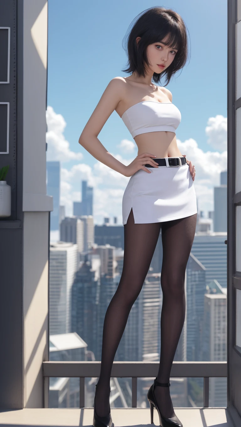 (full bodyesbian:1.5),(1girll:1.0),(view the viewer:1.4),(anatomy correct:1.3),(Standing in the city:1.2),(wears a white dress:1.2),(Black opaque pantyhose:1.3),( Girls pointed-toe thick heels :1.1),(Tall height:2.0),(Accurate and perfect face:1.3),(Girls are taller than buildings:1.9),(Long legs:1.9),hyper HD, Ray traching, reflective light,A giantess,gtscity ,structurally correct, Award-Awarded, High detail, Fade-in and fade-out shadow contrast, Face lighting ,Masterpiece, super detailing, High quality
