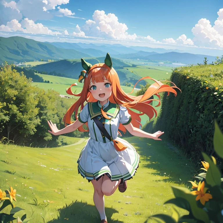 A green hill with a view of a large mountain、Running toddler with open arms 、silencesuzuka、 orange hair、 straight hair 、Horse ears、Horse tail、 is wearing a white dress、Short、 small breasts、smile、Open your mouth、 has red cheeks、