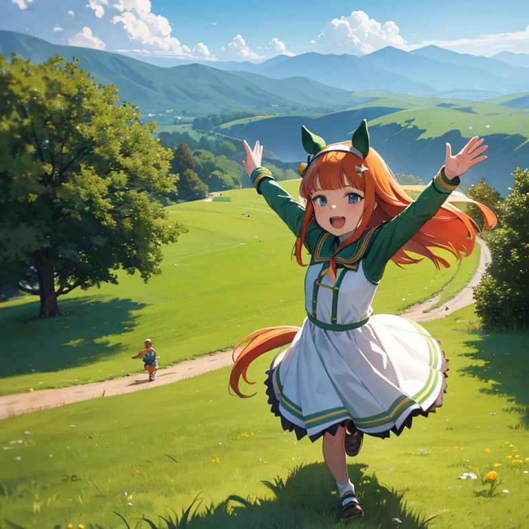 A green hill with a view of a large mountain、Running toddler with open arms 、silencesuzuka、 orange hair、 straight hair 、Horse ears、Horse tail、 is wearing a white dress、Short、 small breasts、smile、Open your mouth、 has red cheeks、