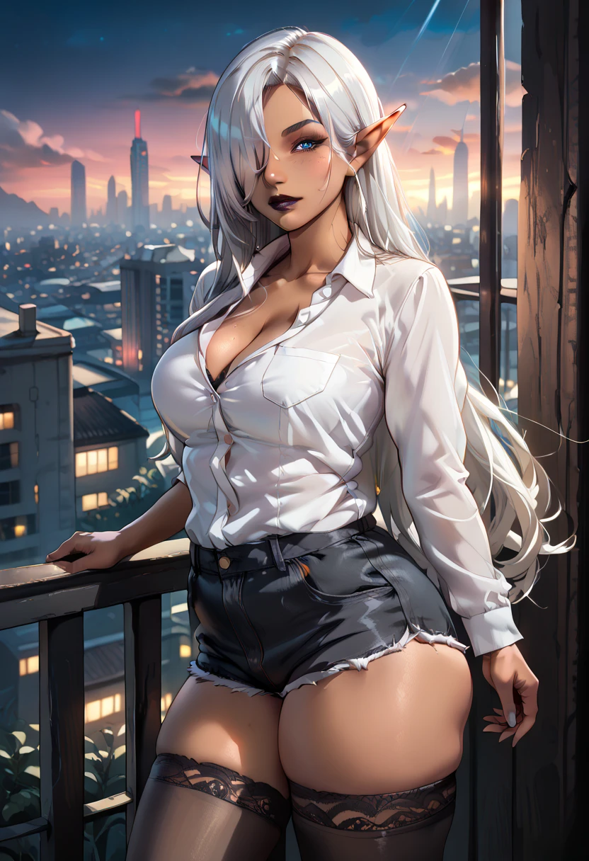 score_9, score_8_up, score_7_up, 1girl, Beautiful, Curvy, Tall, Mature, firm athletic tummy, Medium Breasts: 1.3, (Dark Skinned Dark Tan Dark Elf Woman: 1.3), (Standing, legs spread wide, Facing Viewer, hand resting on top of chest, on a balcony, overlooking a neon lit city, at night in the dark: 1.3), (Thicc Thighs, Big butt: 1.3), (Slightly Plump: 1.3), (Long White Hair over one eye: 1.3), Blue Eyes: 1.3, has shine, double eyelids, detailed irises, Tall, Curvy, Body, (White Sleep_Shirt: 1.3), (Black Booty_Shorts: 1.3), (Black Lace Stockings: 1.3), Black lipstick: 1.3, hyper detailed, 16k, light and shadow on skin, vivid colors, Lustful Expression, perfect lips, sexy mature face, lots of freckles, full voluptuous pouty lips, extreme blush, Looking at Viewer, eyes half open, (Lips parted: 1.3), (Close-up_from_side: 1.0), extremely detailed, ray tracing, RTX, high saturation, high contrast, photon mapping, (sharp image), (best quality), (detailed background), (intricate details),